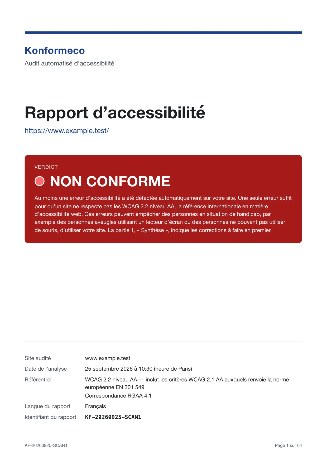 Première page d’un rapport Konformeco d’exemple, établi sur un site fictif : le titre « Rapport d’accessibilité », l’adresse du site analysé et le verdict « NON CONFORME » dans un encadré rouge.